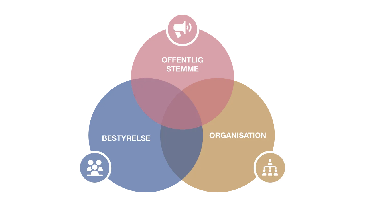 VENN-diagram, der viser offentlig stemme, bestyrelse og organisation.