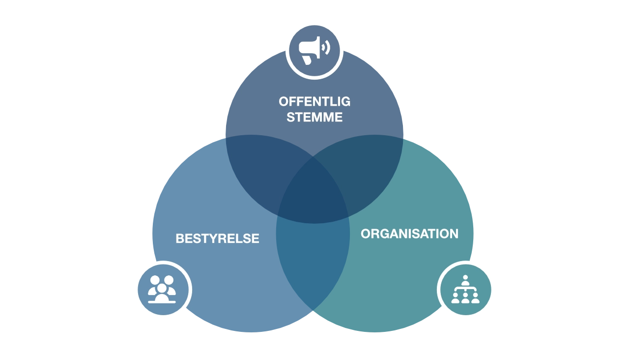 VENN-diagram, der viser offentlig stemme, bestyrelse og organisation.
